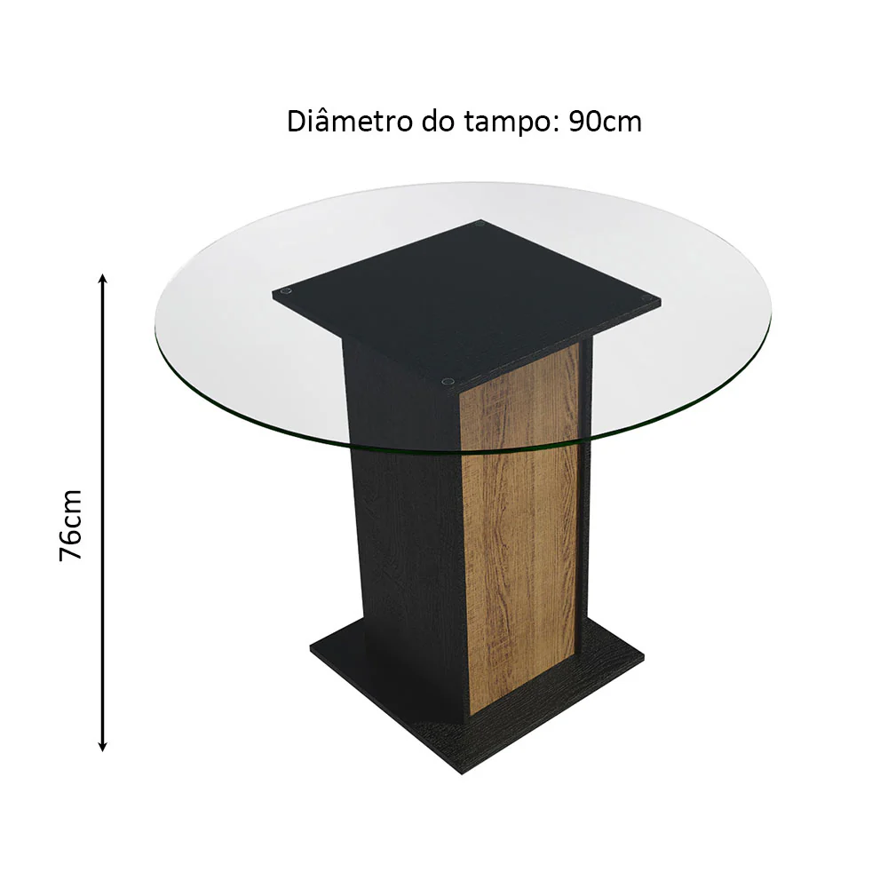 Conjunto Sala de Jantar Madesa Débora Mesa Tampo de Vidro Redondo 4 Cadeiras Preto/Rustic - Image 3