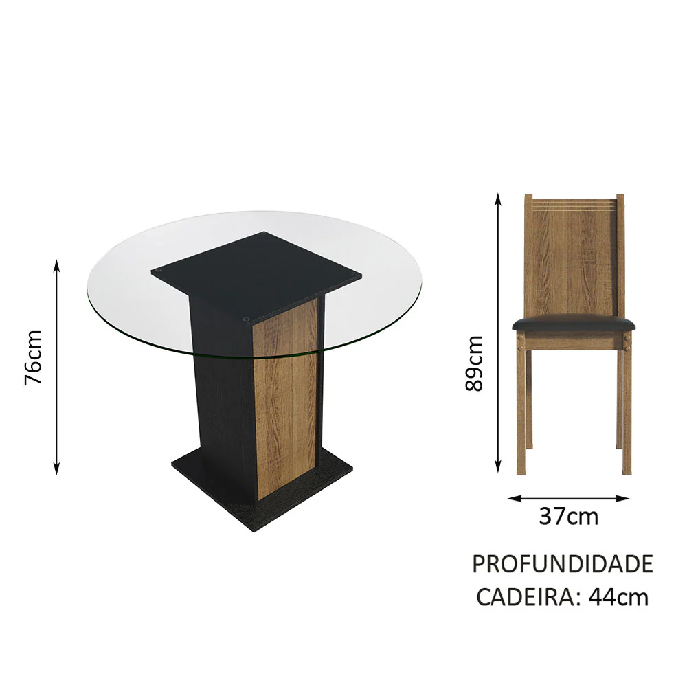 Conjunto Sala de Jantar Madesa Débora Mesa Tampo de Vidro Redondo 4 Cadeiras Preto/Rustic - Image 4