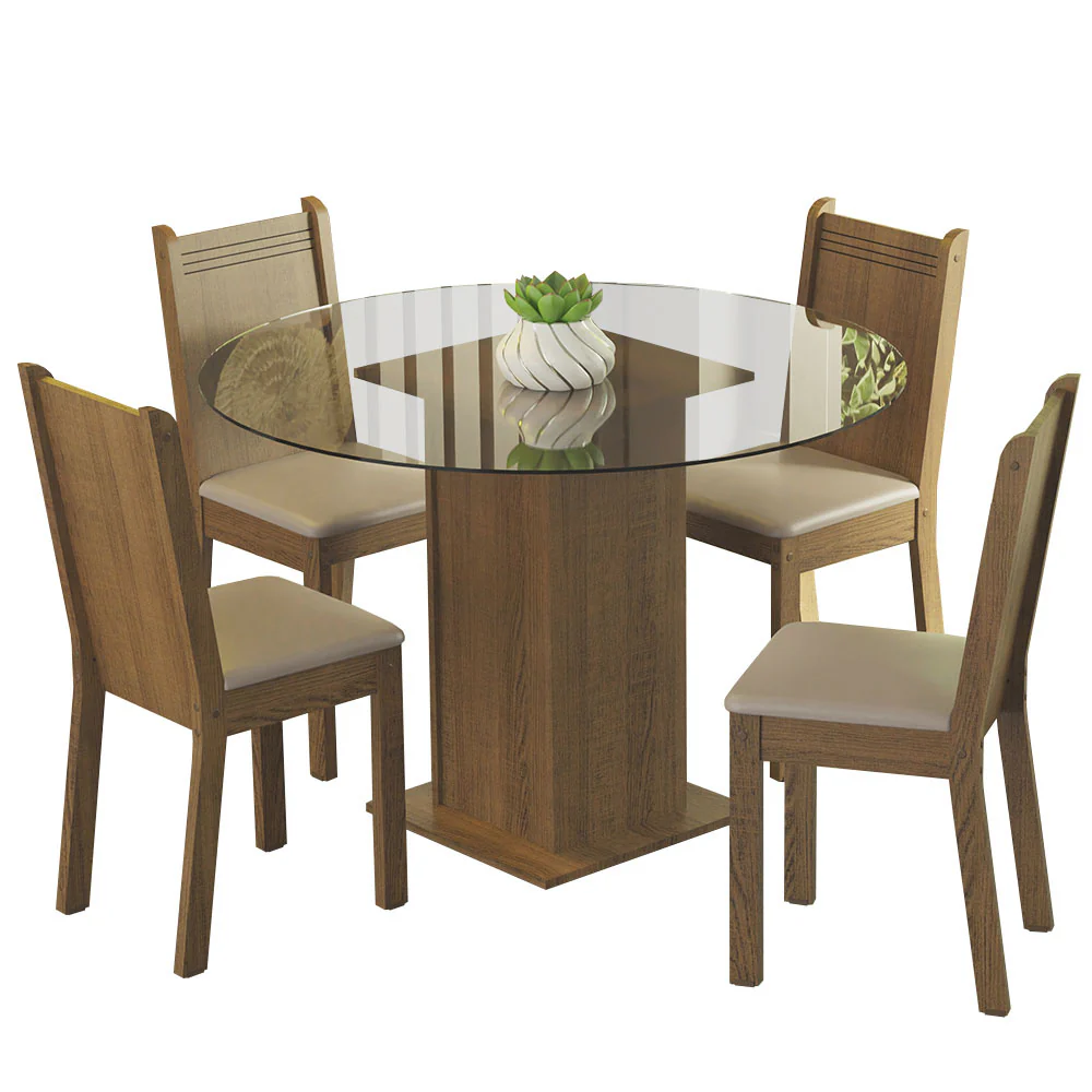 Conjunto Sala de Jantar Madesa Débora Mesa Tampo de Vidro Redondo 4 Cadeiras Rustic/Bege - Image 2