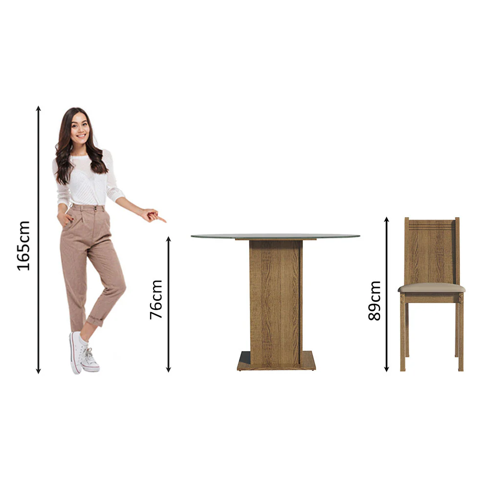Conjunto Sala de Jantar Madesa Débora Mesa Tampo de Vidro Redondo 4 Cadeiras Rustic/Bege - Image 5
