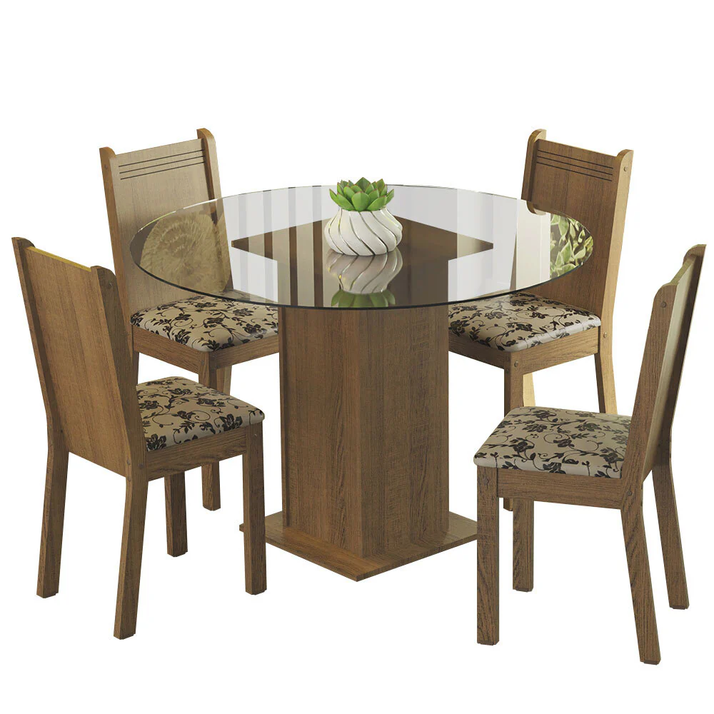 Conjunto Sala de Jantar Madesa Débora Mesa Tampo de Vidro Redondo 4 Cadeiras Rustic/Bege Marrom - Image 2