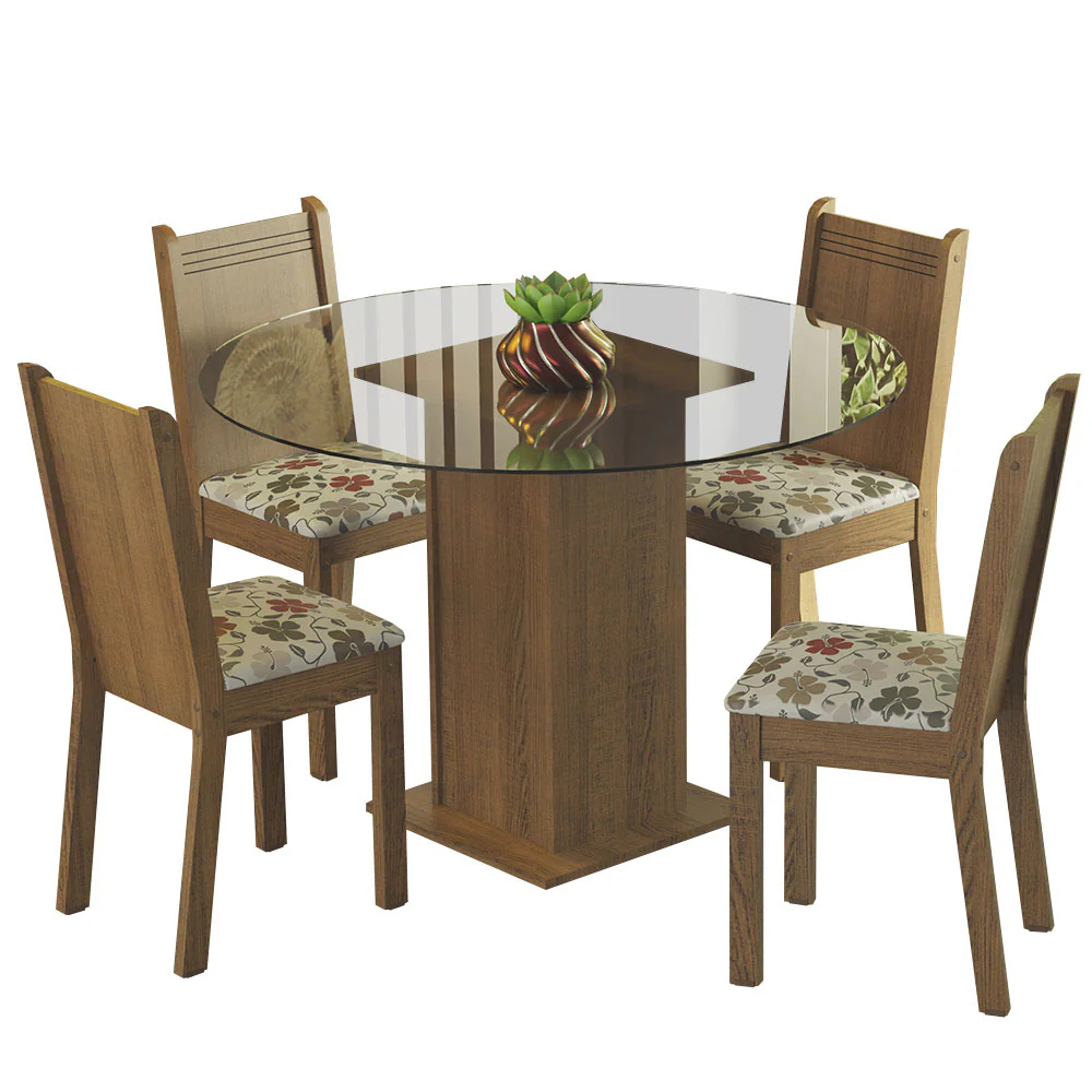 Conjunto Sala de Jantar Madesa Débora Mesa Tampo de Vidro Redondo 4 Cadeiras Rustic/Hibiscos - Image 2