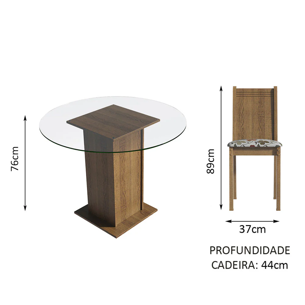 Conjunto Sala de Jantar Madesa Débora Mesa Tampo de Vidro Redondo 4 Cadeiras Rustic/Hibiscos - Image 4
