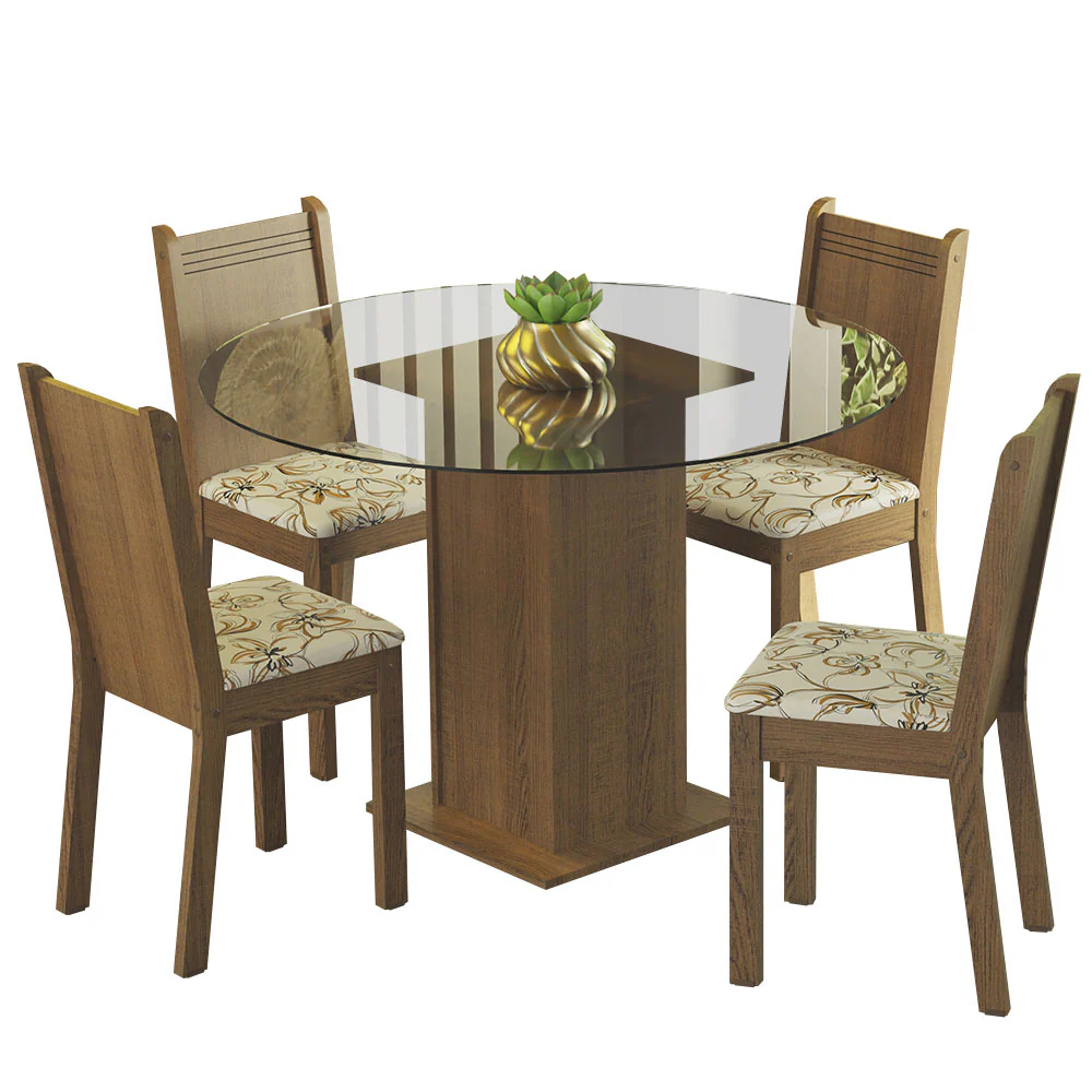 Conjunto Sala de Jantar Madesa Débora Mesa Tampo de Vidro Redondo 4 Cadeiras Rustic/Lírio Bege - Image 2