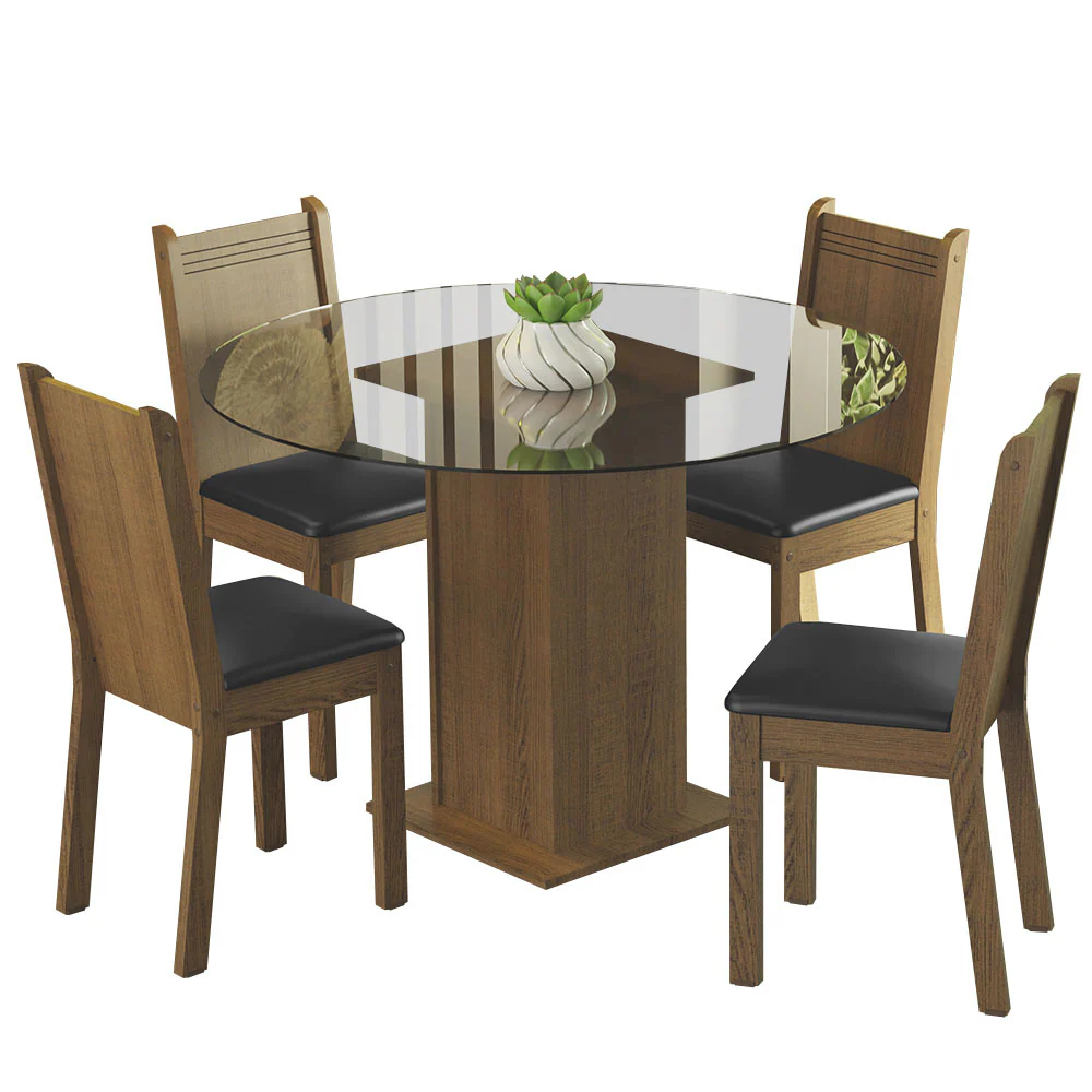 Conjunto Sala de Jantar Madesa Débora Mesa Tampo de Vidro Redondo 4 Cadeiras Rustic/Preto - Image 2