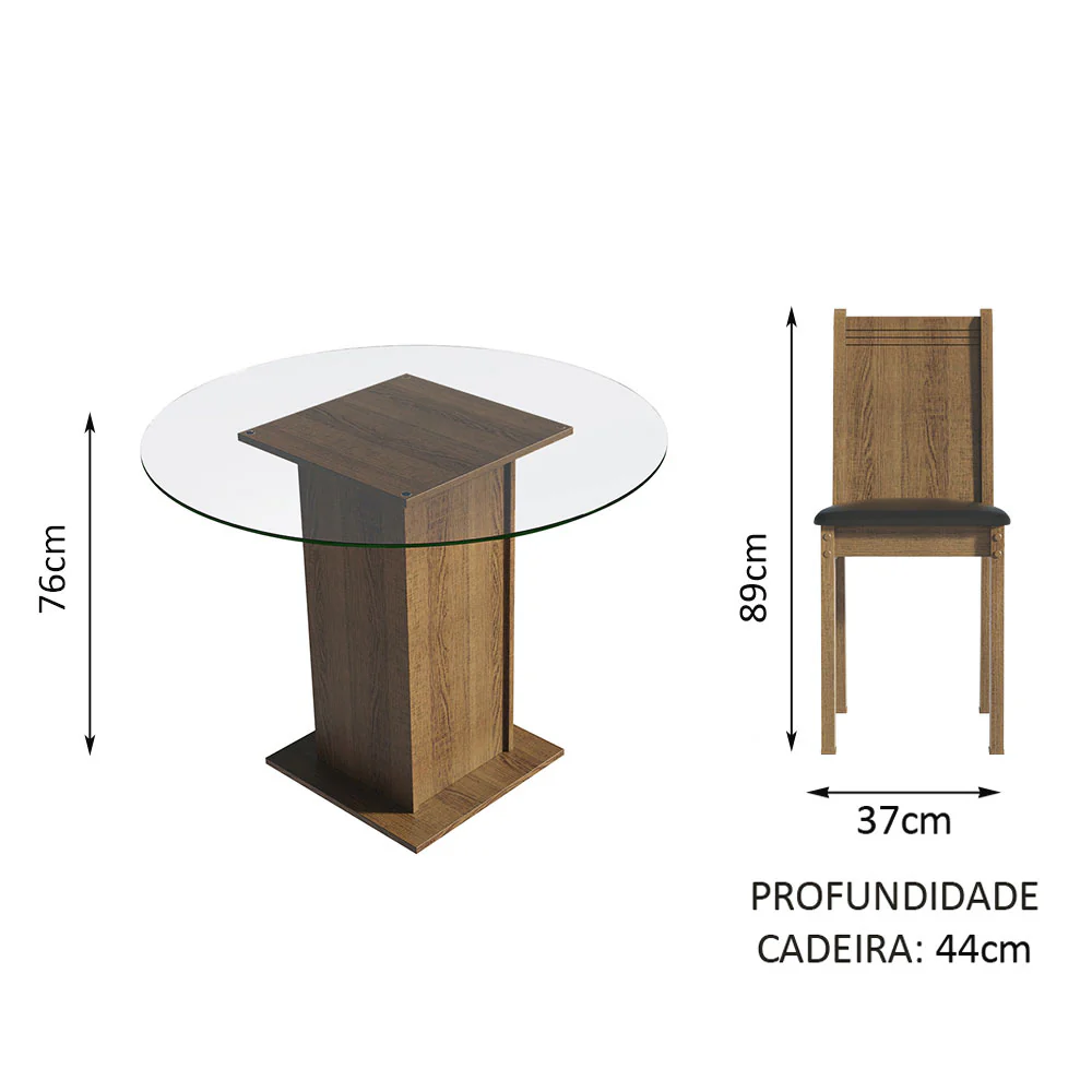 Conjunto Sala de Jantar Madesa Débora Mesa Tampo de Vidro Redondo 4 Cadeiras Rustic/Preto - Image 4