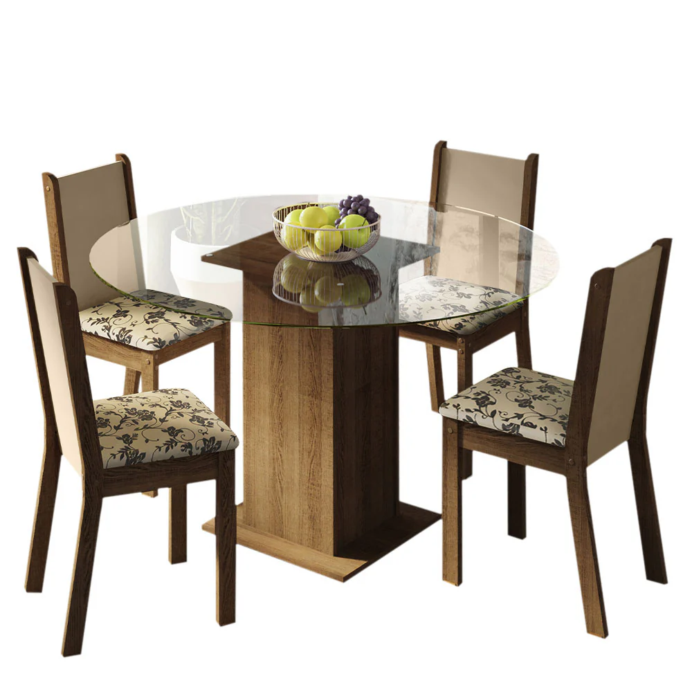 Conjunto Sala de Jantar Madesa Madu Mesa Tampo de Vidro Redondo 4 Cadeiras Rustic/Crema/Bege Marrom - Image 2