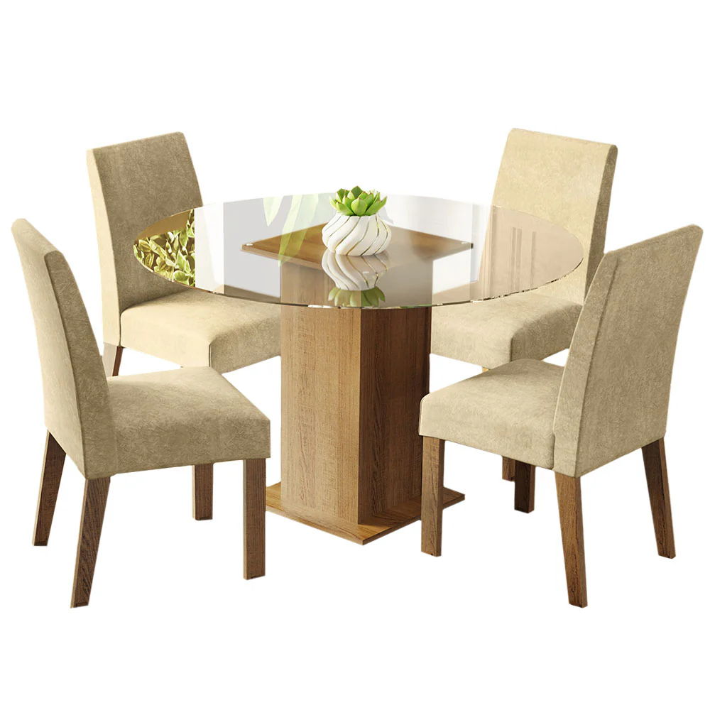 Conjunto Sala de Jantar Mesa Tampo de Vidro Redondo 4 Cadeiras Rustic/Imperial Mile Madesa - Image 2