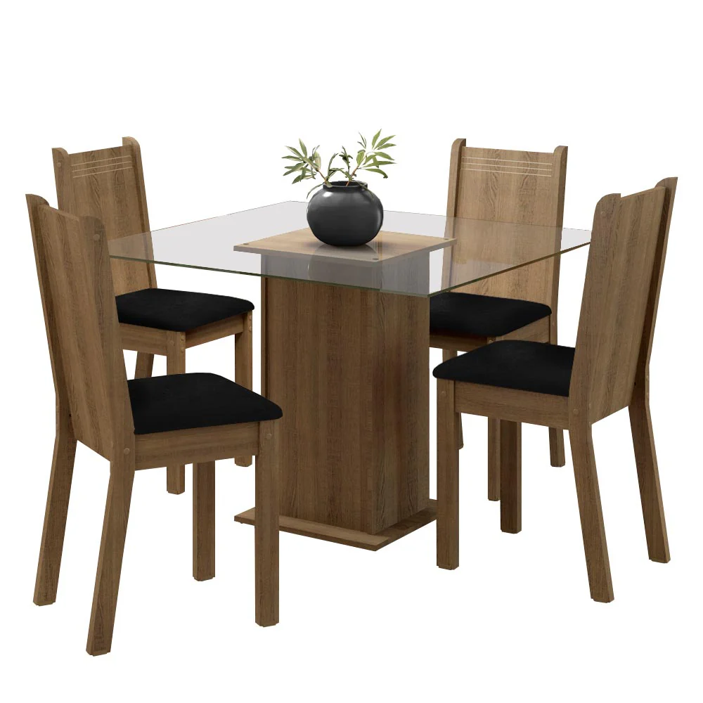 Conjunto Sala de Jantar Madesa Maya Mesa Tampo de Vidro com 4 Cadeiras Rustic/Sintético Preto - Image 2