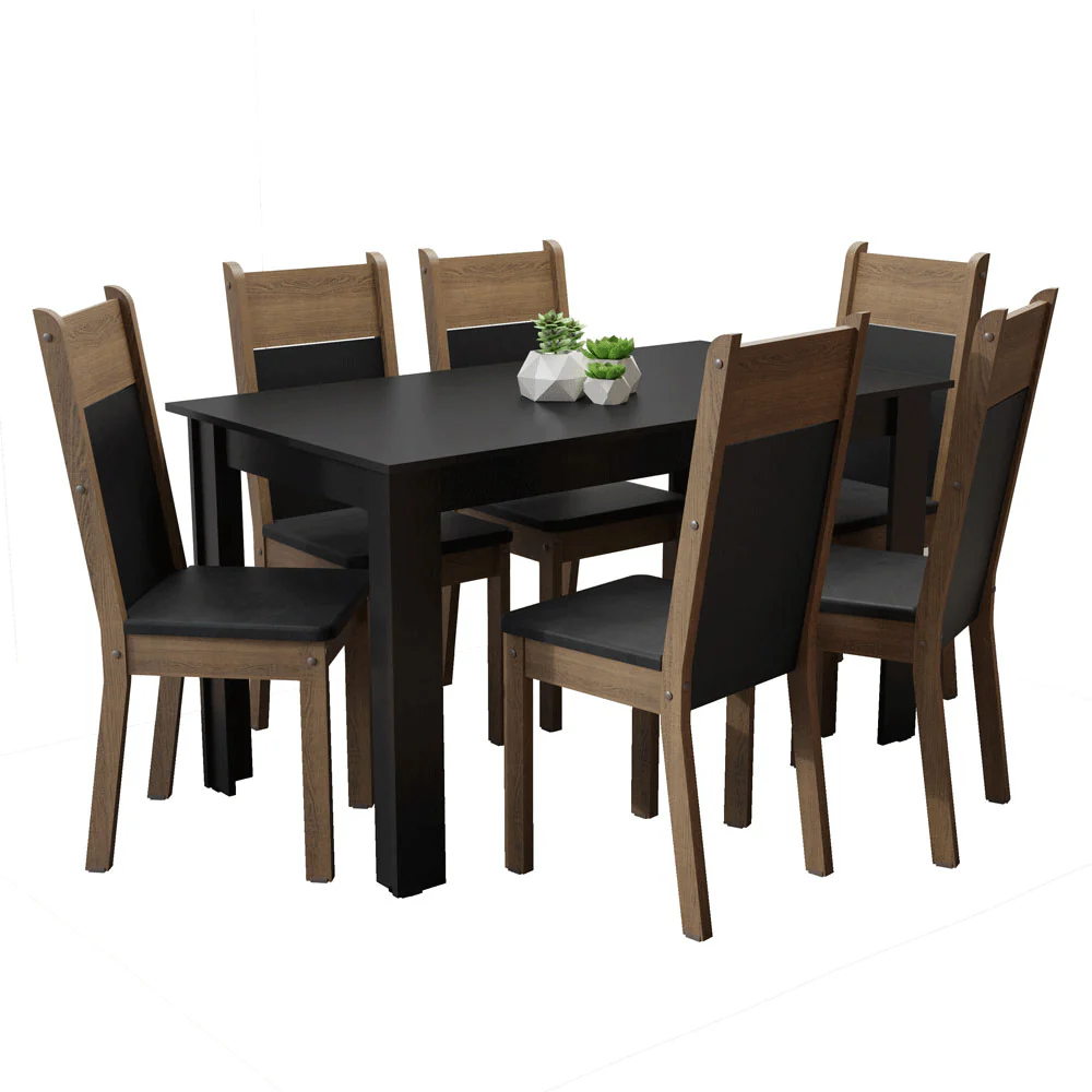 Conjunto Sala de Jantar Mesa Tampo de Madeira com 6 Cadeiras Preto/Rustic/Sintético Preto Madesa Medelin - Image 2