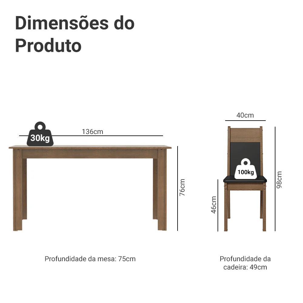 Conjunto Sala de Jantar Madesa Medelin Mesa Tampo de Madeira com 6 Cadeiras Rustic/Preto/Sintético Preto - Image 3