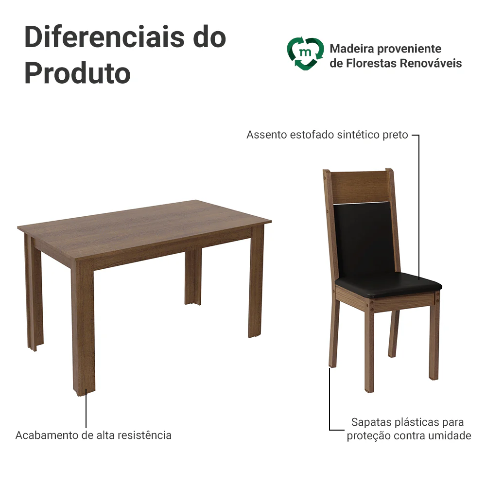 Conjunto Sala de Jantar Madesa Medelin Mesa Tampo de Madeira com 6 Cadeiras Rustic/Preto/Sintético Preto - Image 4