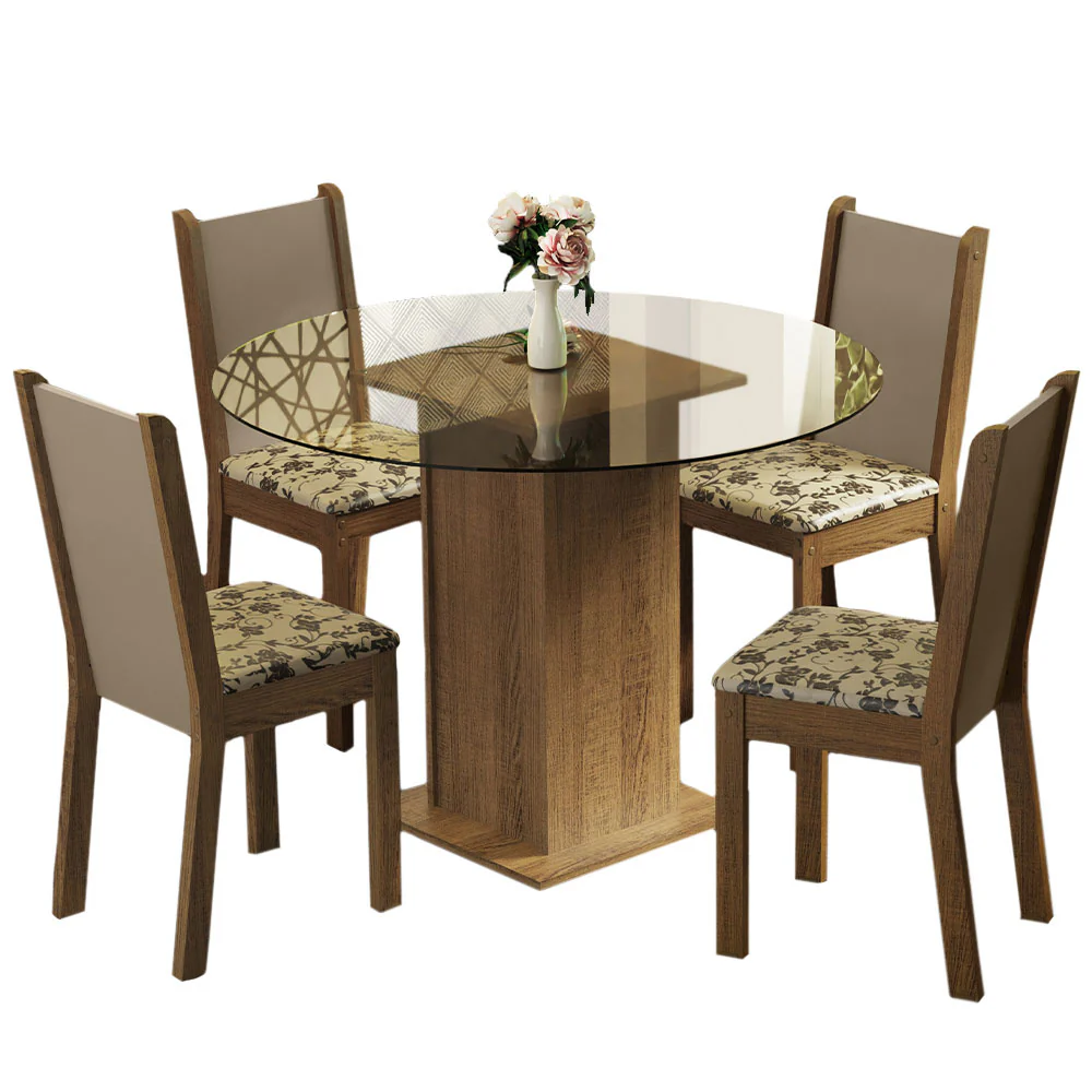 Conjunto Sala de Jantar Madesa Nanda Mesa Tampo Vidro Redondo 4 Cadeiras Rustic/Crema/Bege Marrom - Image 2
