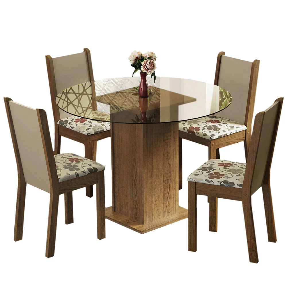 Conjunto Sala de Jantar Madesa Nanda Mesa Tampo Vidro Redondo 4 Cadeiras Rustic/Crema/Hibiscos - Image 2