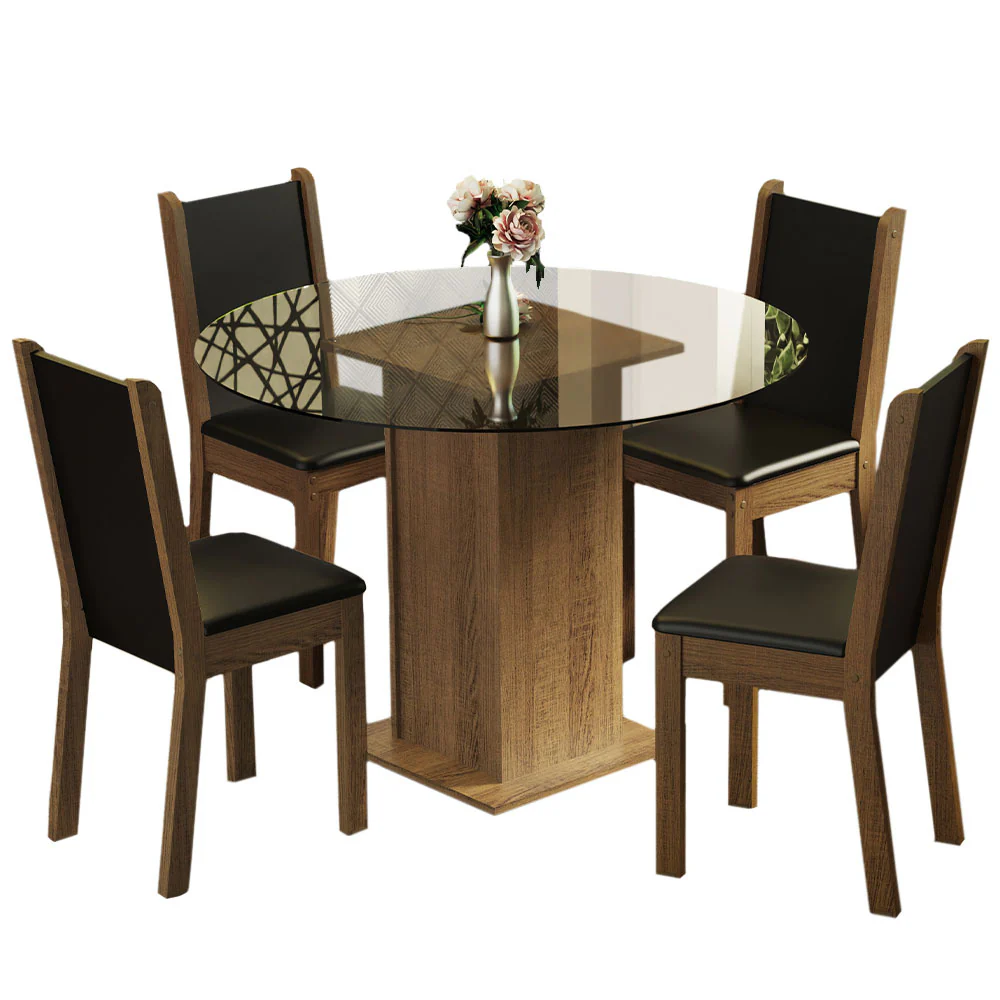 Conjunto Sala de Jantar Madesa Nanda Mesa Tampo de Vidro Redondo 4 Cadeiras Rustic/Preto - Image 2