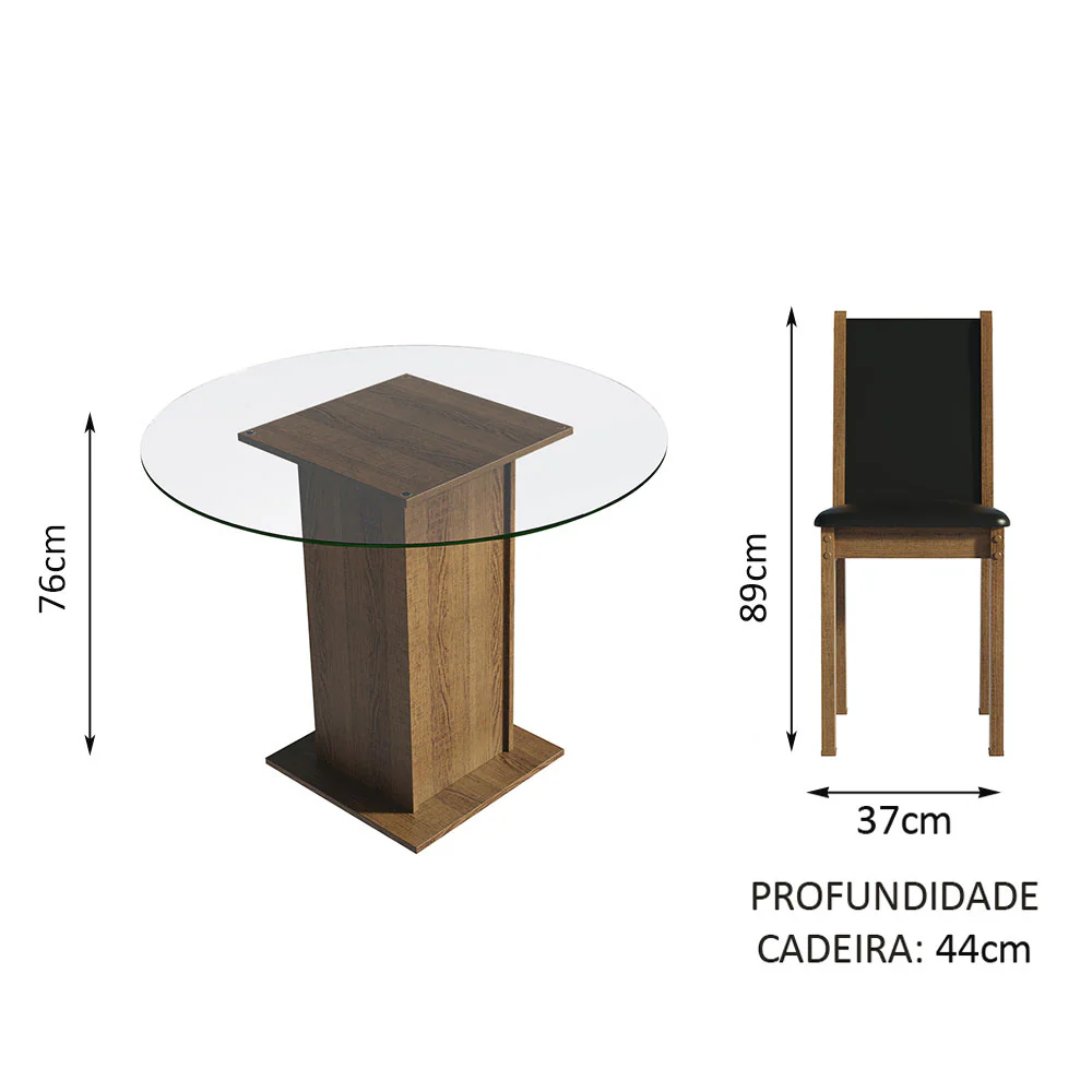Conjunto Sala de Jantar Madesa Nanda Mesa Tampo de Vidro Redondo 4 Cadeiras Rustic/Preto - Image 4