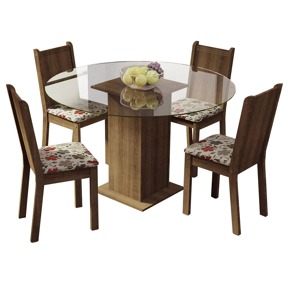 Conjunto Sala de Jantar Madesa Paula Mesa Tampo de Vidro Redondo 4 Cadeiras Rustic/Hibiscos - Image 2