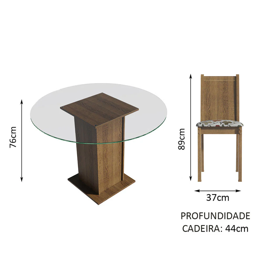 Conjunto Sala de Jantar Madesa Paula Mesa Tampo de Vidro Redondo 4 Cadeiras Rustic/Hibiscos - Image 4