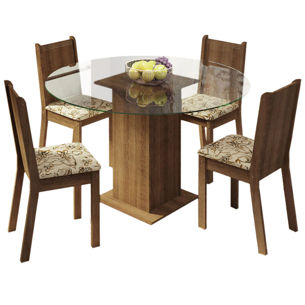 Conjunto Sala de Jantar Madesa Paula Mesa Tampo de Vidro Redondo 4 Cadeiras Rustic/Lírio Bege - Image 2