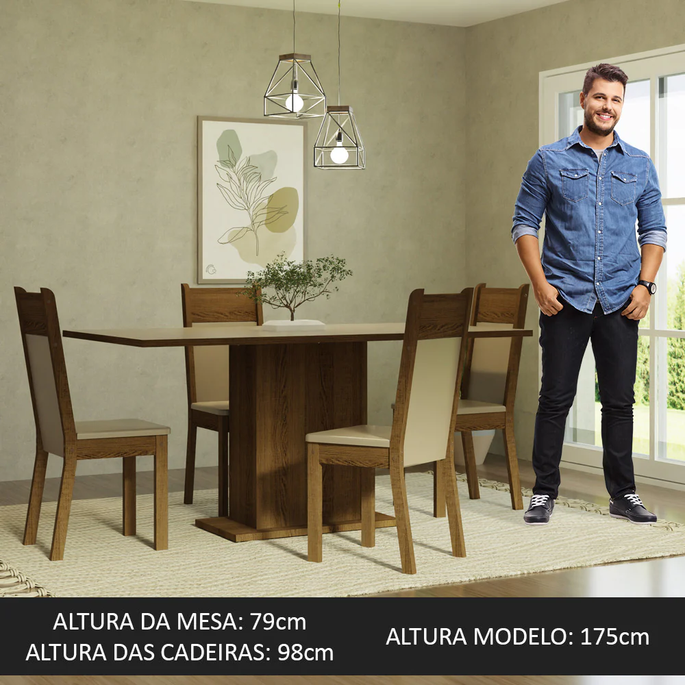 Conjunto Sala de Jantar Mesa Tampo de Madeira 4 Cadeiras Crema/Rustic/Bege Elisa Madesa - Image 3