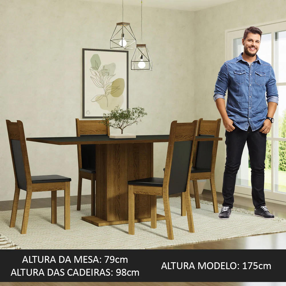 Conjunto Sala de Jantar Mesa Tampo de Madeira 4 Cadeiras Preto/Rustic Elisa Madesa - Image 3
