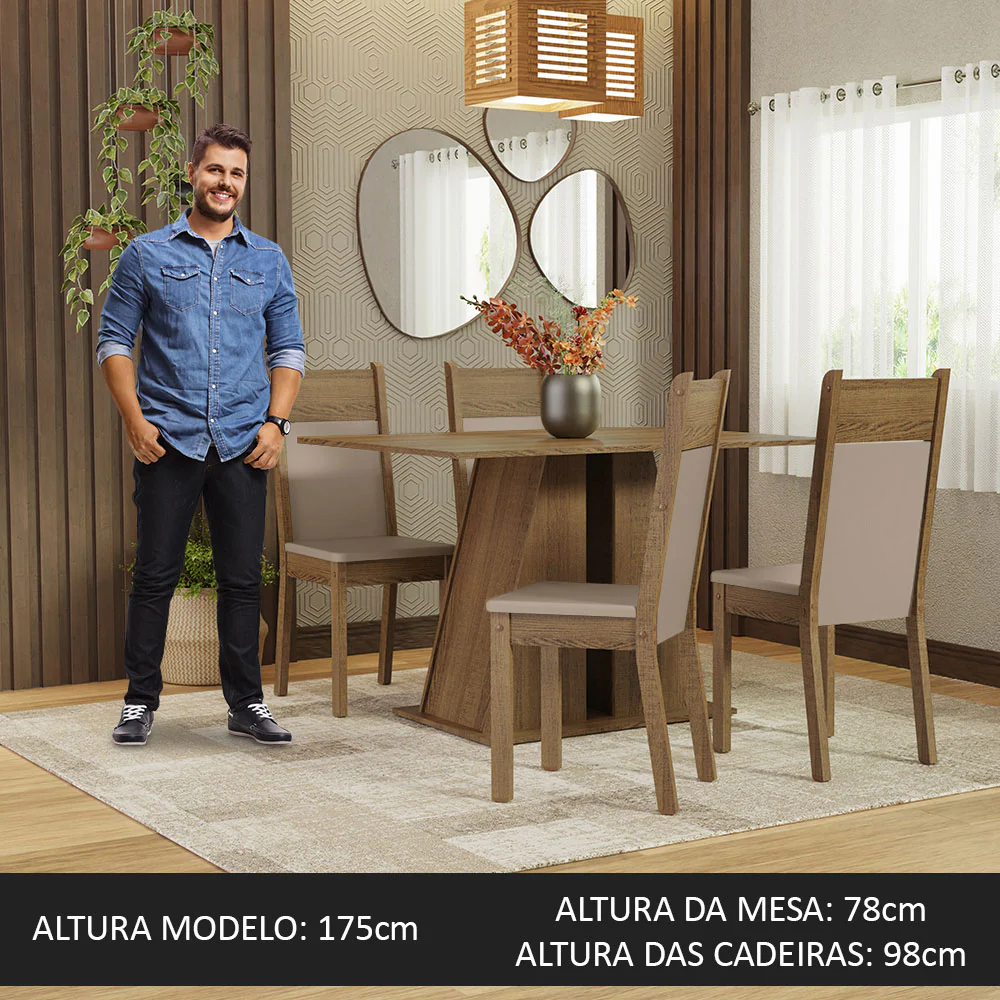 Conjunto Sala de Jantar Mesa Tampo de Madeira 4 Cadeiras Rustic/Bege Angel Madesa - Image 4