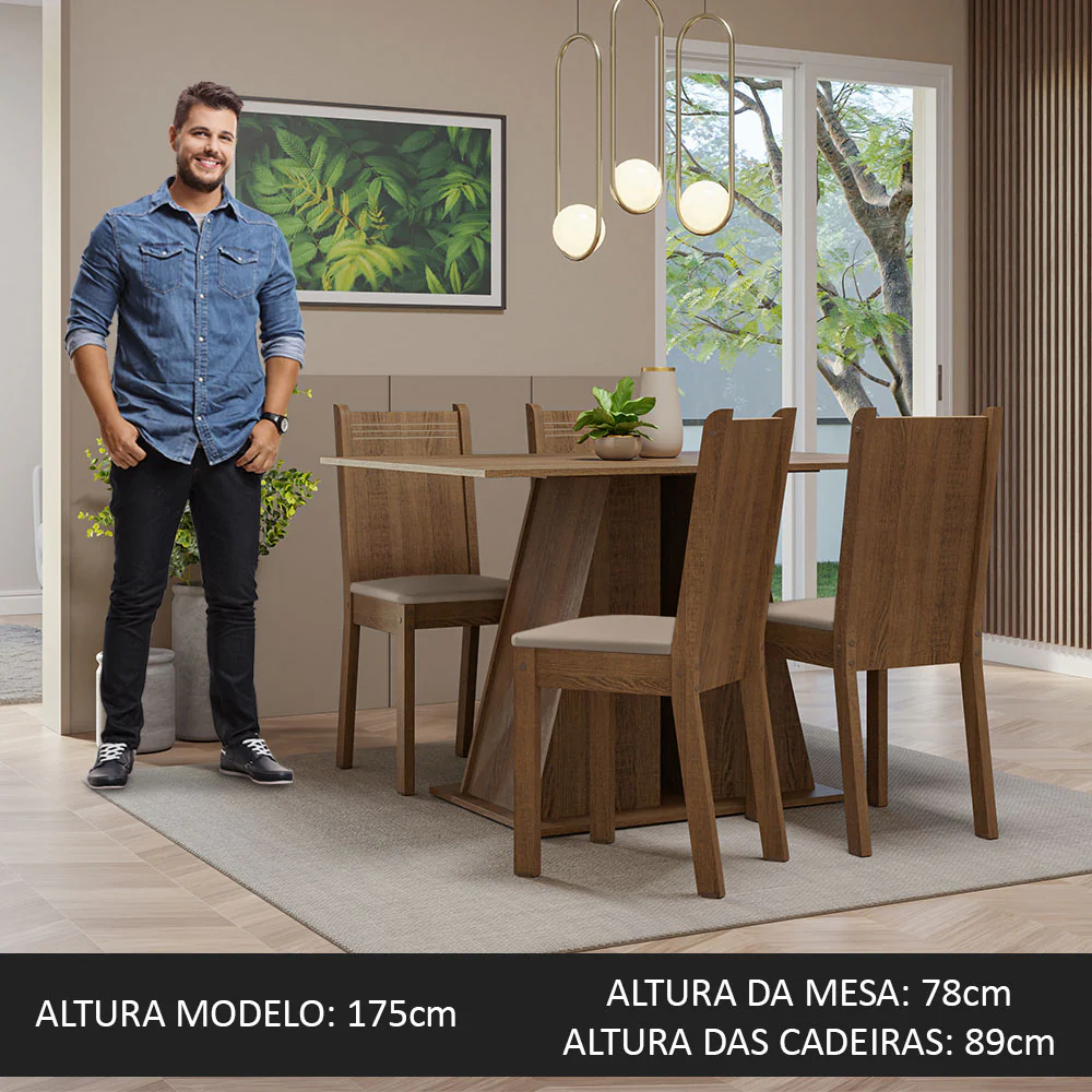 Conjunto Sala de Jantar Mesa Tampo de Madeira 4 Cadeiras Rustic/Bege Marilyn Madesa - Image 4