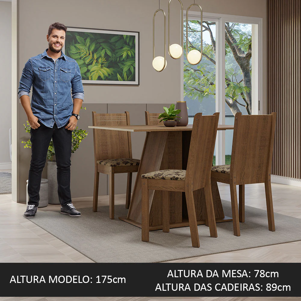 Conjunto Sala de Jantar Mesa Tampo de Madeira 4 Cadeiras Rustic/Bege Marrom Marilyn Madesa - Image 4