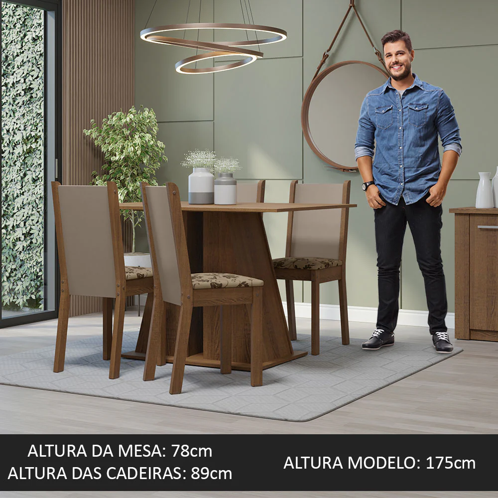 Conjunto Sala de Jantar Mesa Tampo de Madeira 4 Cadeiras Rustic/Bege Marrom Sophie Madesa - Image 5
