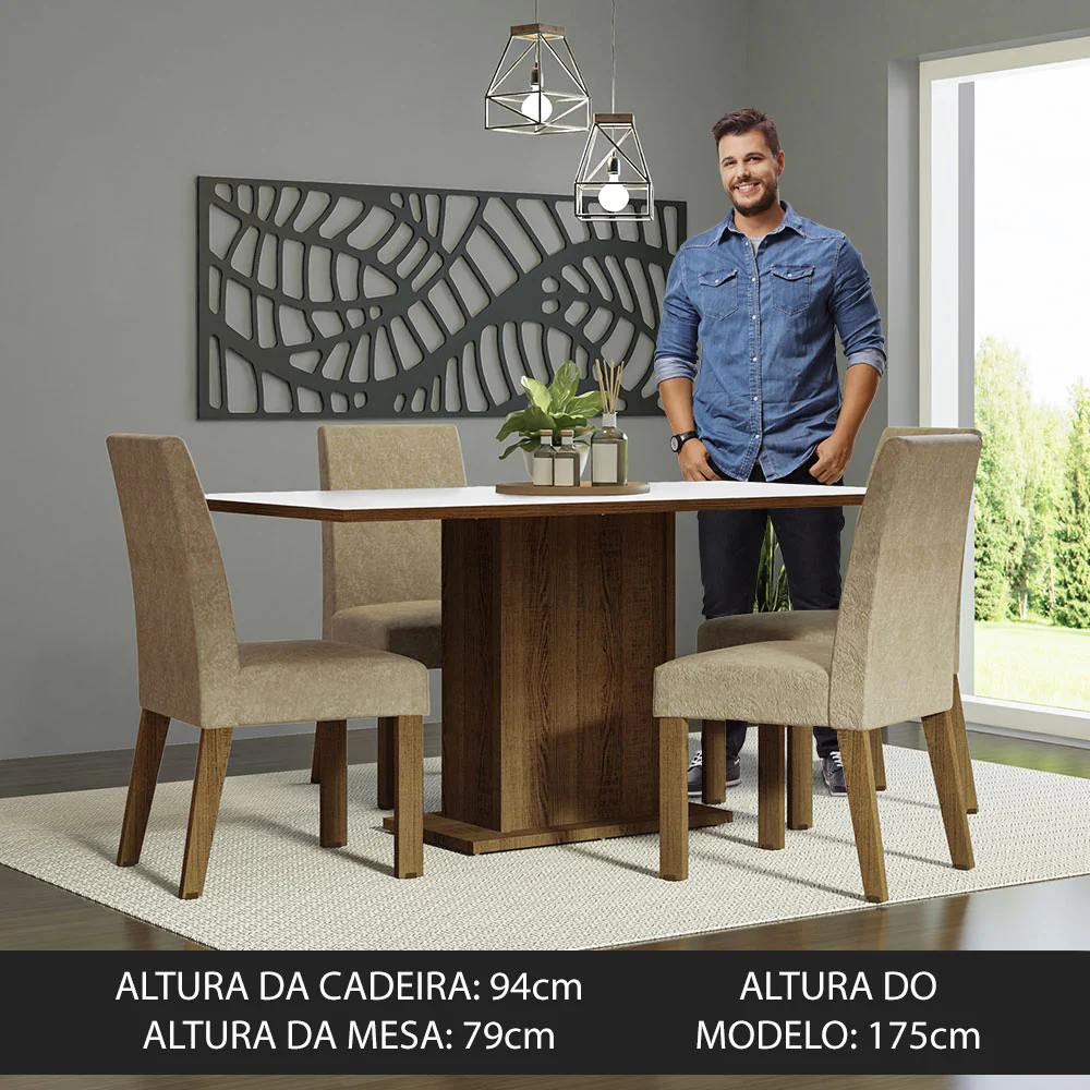 Conjunto Sala de Jantar Mesa Tampo de Madeira 4 Cadeiras Rustic/Branco/Imperial Keila Madesa - Image 4