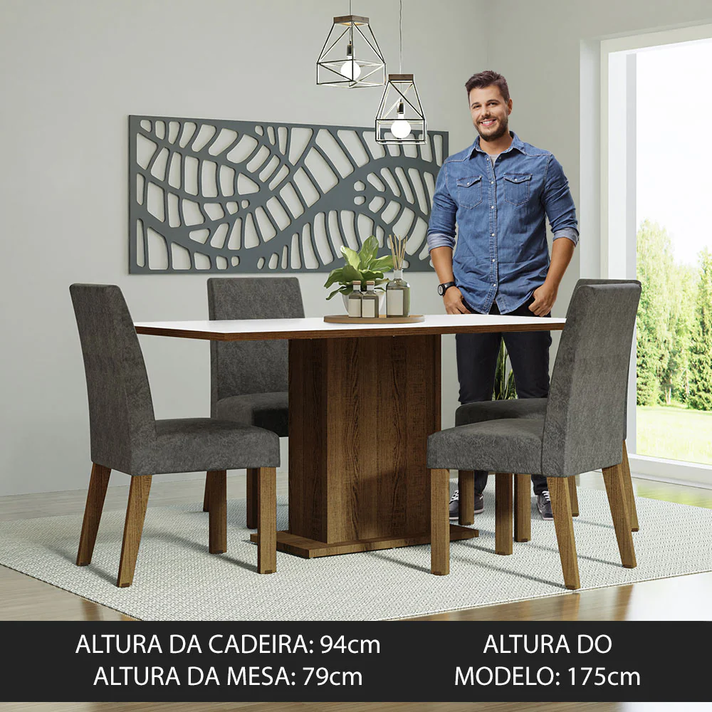 Conjunto Sala de Jantar Mesa Tampo de Madeira 4 Cadeiras Rustic/Branco/Silver Keila Madesa - Image 4
