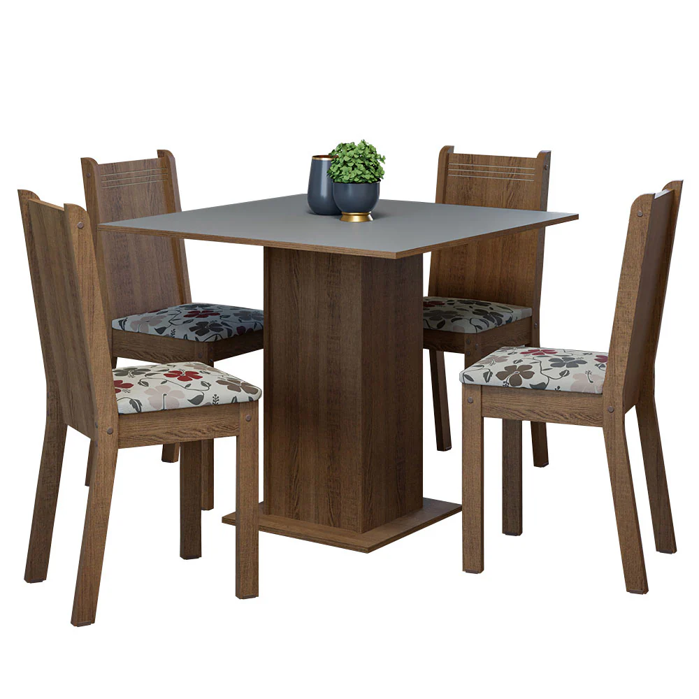 Conjunto Sala de Jantar Mesa Tampo de Madeira 4 Cadeiras Rustic/Cinza/Floral Hibiscos Samara Madesa - Image 2