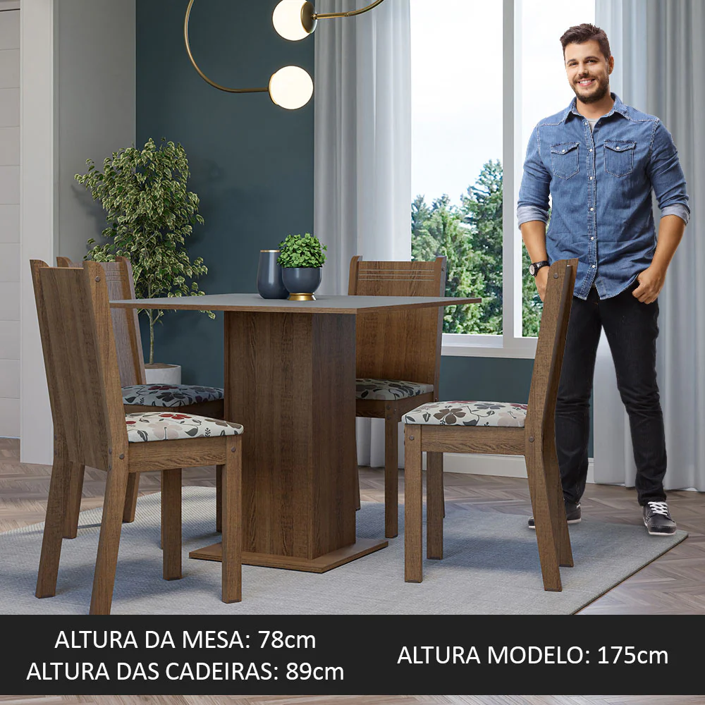 Conjunto Sala de Jantar Mesa Tampo de Madeira 4 Cadeiras Rustic/Cinza/Floral Hibiscos Samara Madesa - Image 5