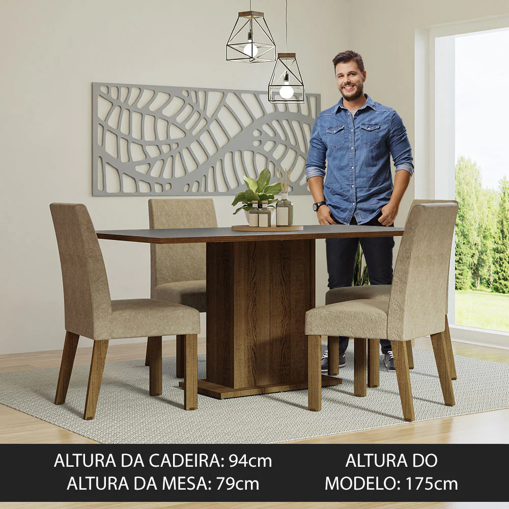 Conjunto Sala de Jantar Mesa Tampo de Madeira 4 Cadeiras Rustic/Cinza/Imperial Keila Madesa - Image 4