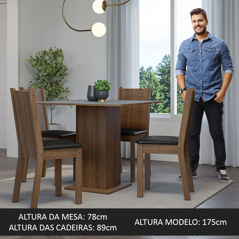 Conjunto Sala de Jantar Mesa Tampo de Madeira 4 Cadeiras Rustic/Cinza/Preto Samara Madesa - Image 5