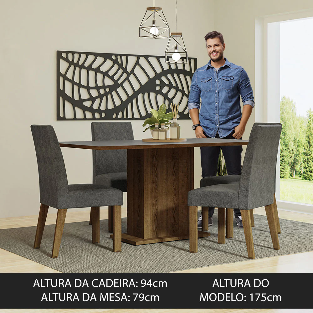 Conjunto Sala de Jantar Mesa Tampo de Madeira 4 Cadeiras Rustic/Cinza/Silver Keila Madesa - Image 4