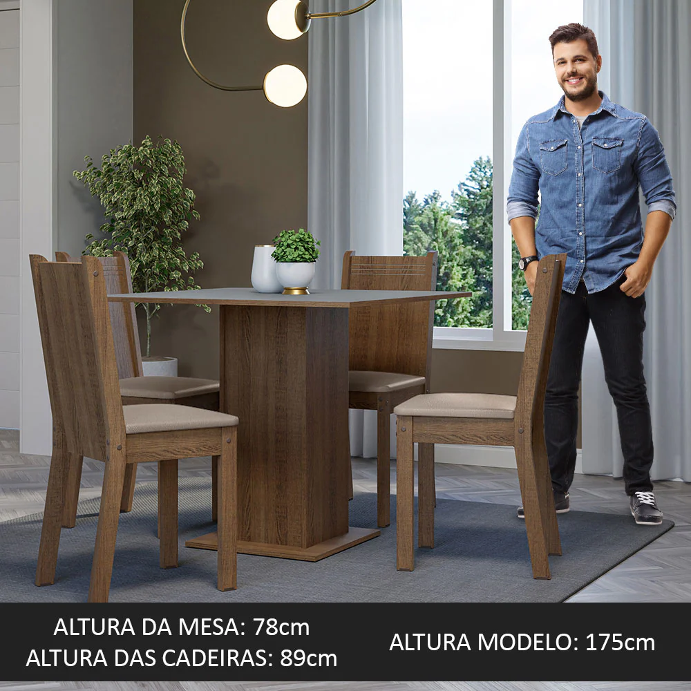 Conjunto Sala de Jantar Mesa Tampo de Madeira 4 Cadeiras Rustic/Cinza/Sintético Bege Samara Madesa - Image 5
