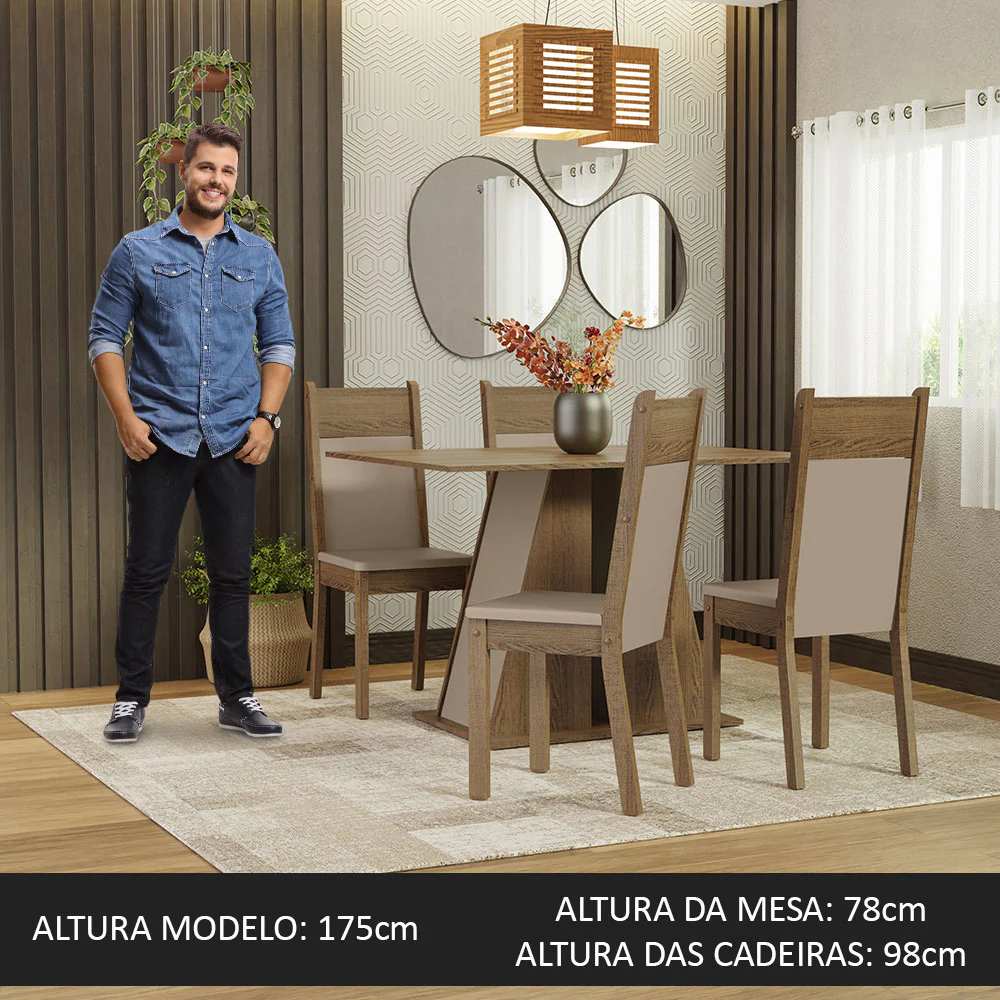 Conjunto Sala de Jantar Mesa Tampo de Madeira 4 Cadeiras Rustic/Crema/Bege Angel Madesa - Image 4