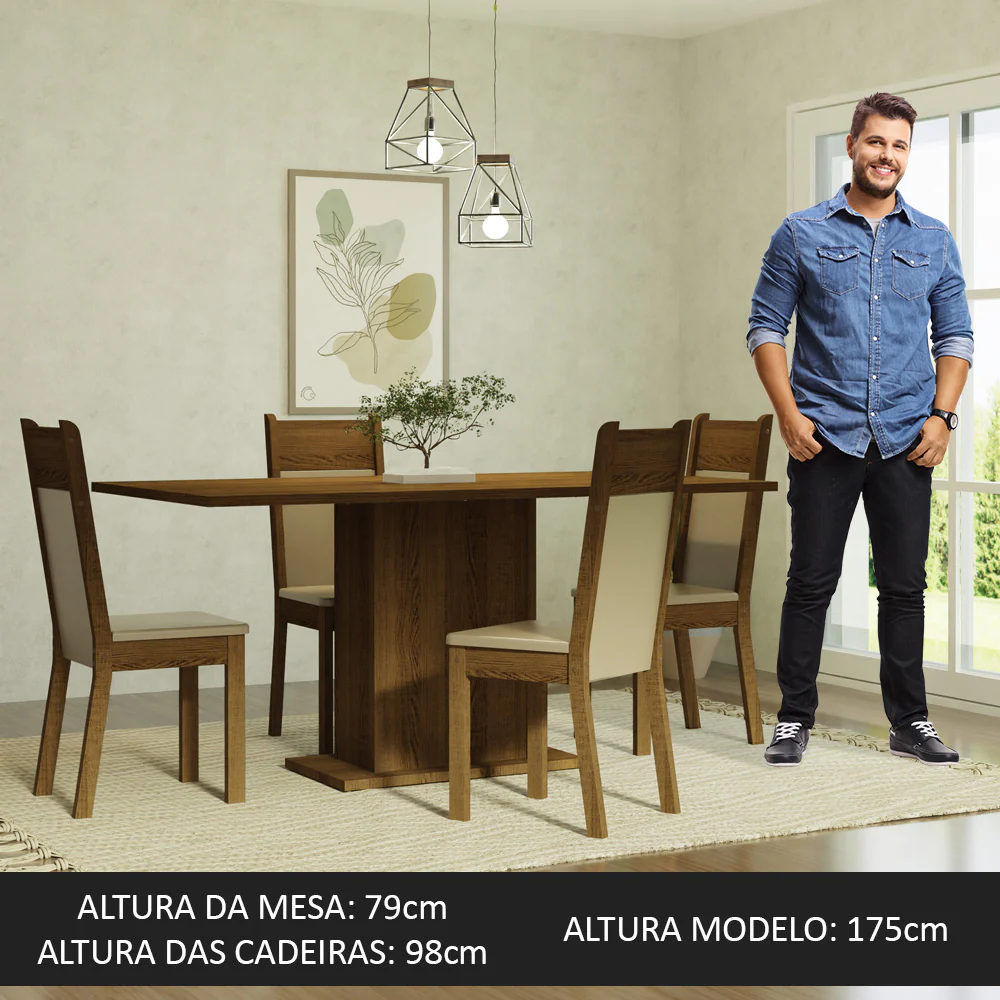 Conjunto Sala de Jantar Mesa Tampo de Madeira 4 Cadeiras Rustic/Crema/Bege Elisa Madesa - Image 3
