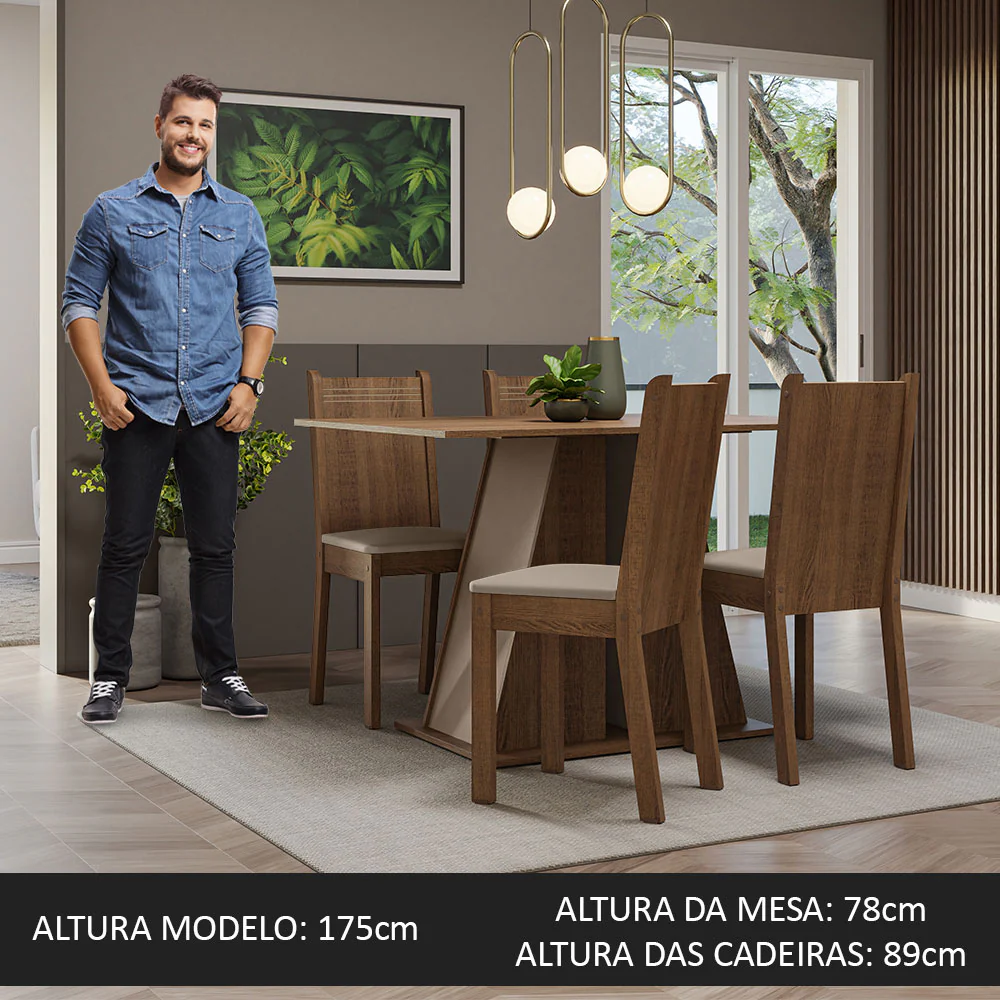 Conjunto Sala de Jantar Mesa Tampo de Madeira 4 Cadeiras Rustic/Crema/Bege Marilyn Madesa - Image 4