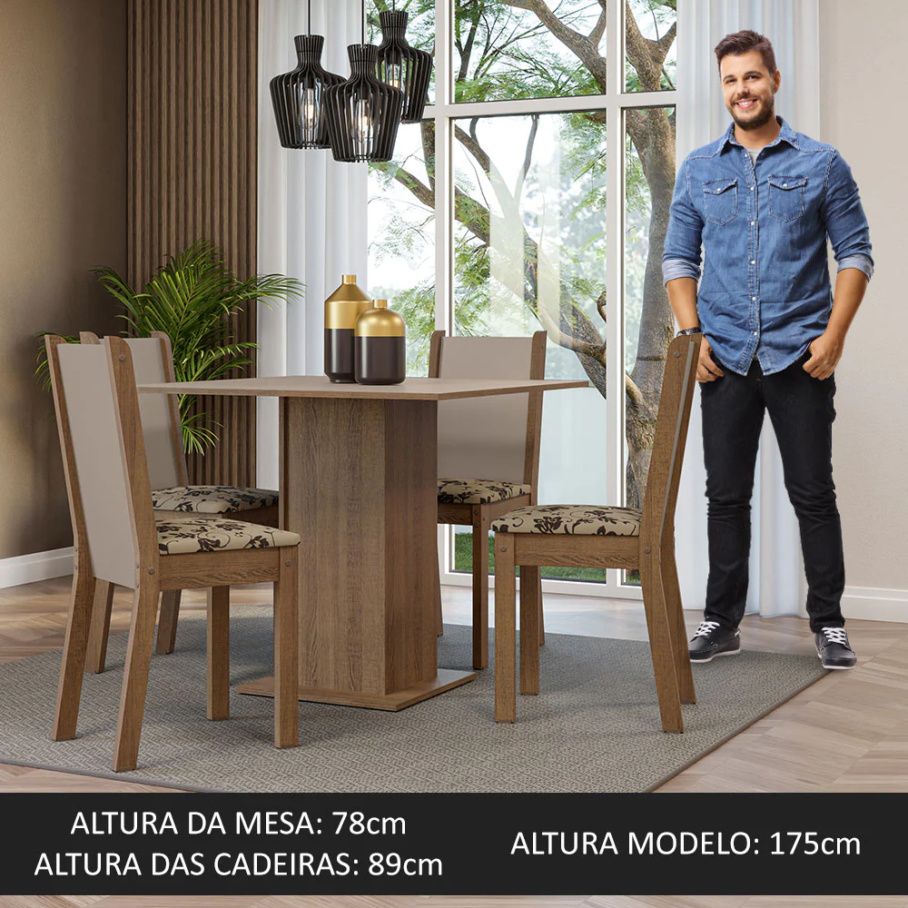 Conjunto Sala de Jantar Mesa Tampo de Madeira 4 Cadeiras Rustic/Crema/Bege Marrom Alana Madesa - Image 5