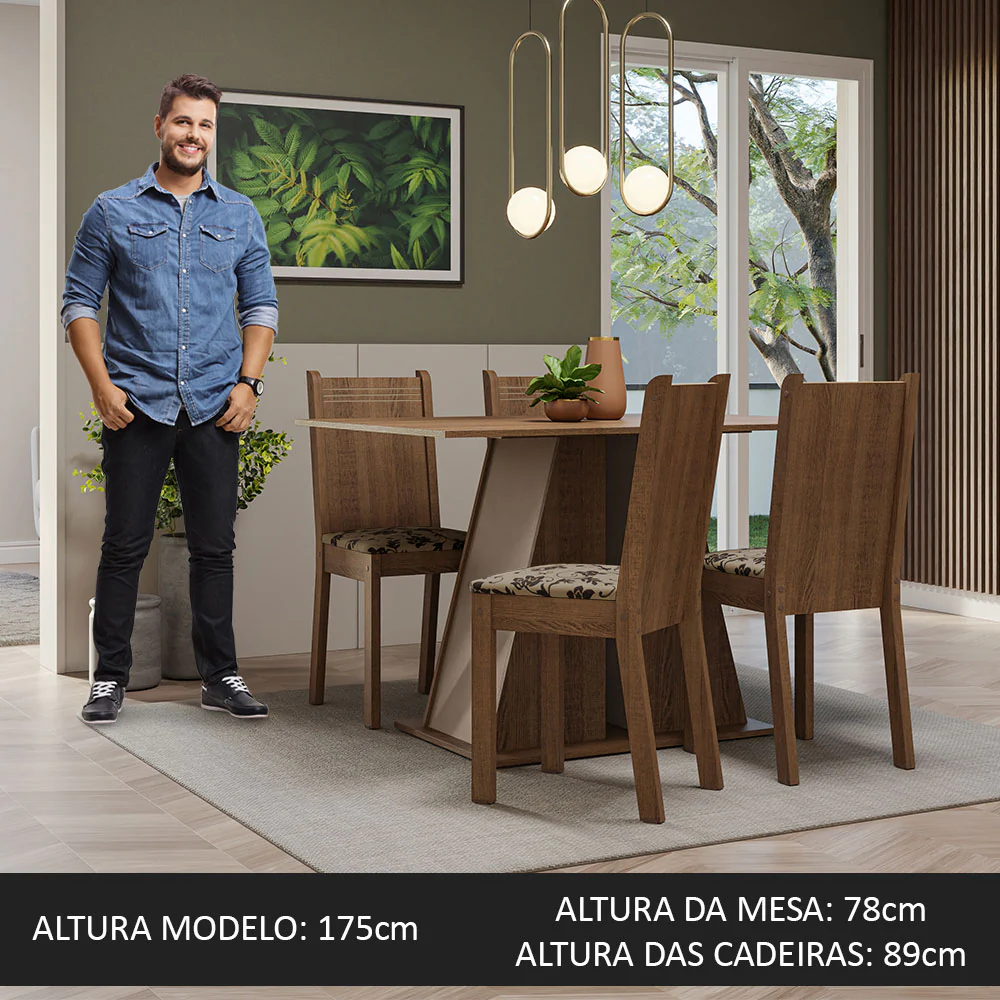 Conjunto Sala de Jantar Mesa Tampo de Madeira 4 Cadeiras Rustic/Crema/Bege Marrom Marilyn Madesa - Image 4