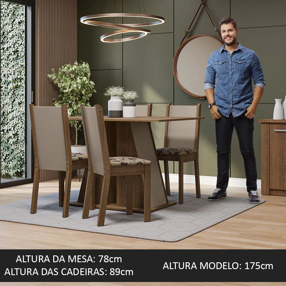 Conjunto Sala de Jantar Mesa Tampo de Madeira 4 Cadeiras Rustic/Crema/Bege Marrom Sophie Madesa - Image 5