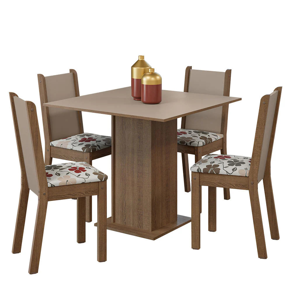 Conjunto Sala de Jantar Mesa Tampo de Madeira 4 Cadeiras Rustic/Crema/Hibiscos Alana Madesa - Image 2