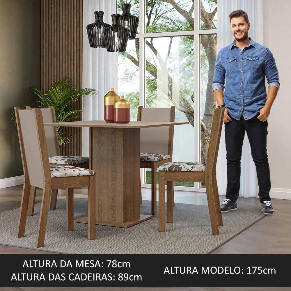 Conjunto Sala de Jantar Mesa Tampo de Madeira 4 Cadeiras Rustic/Crema/Hibiscos Alana Madesa - Image 5