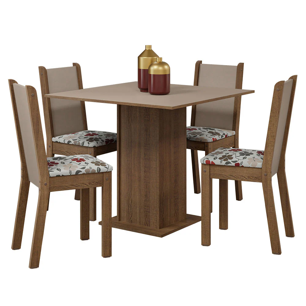 Conjunto Sala de Jantar Mesa Tampo de Madeira 4 Cadeiras Rustic/Crema/ Hibiscos Briana Madesa - Image 2