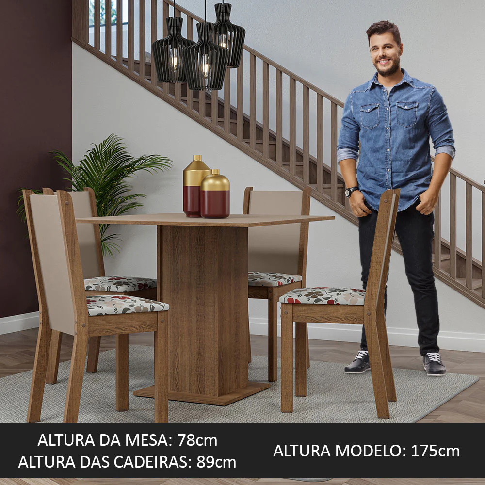 Conjunto Sala de Jantar Mesa Tampo de Madeira 4 Cadeiras Rustic/Crema/ Hibiscos Briana Madesa - Image 5