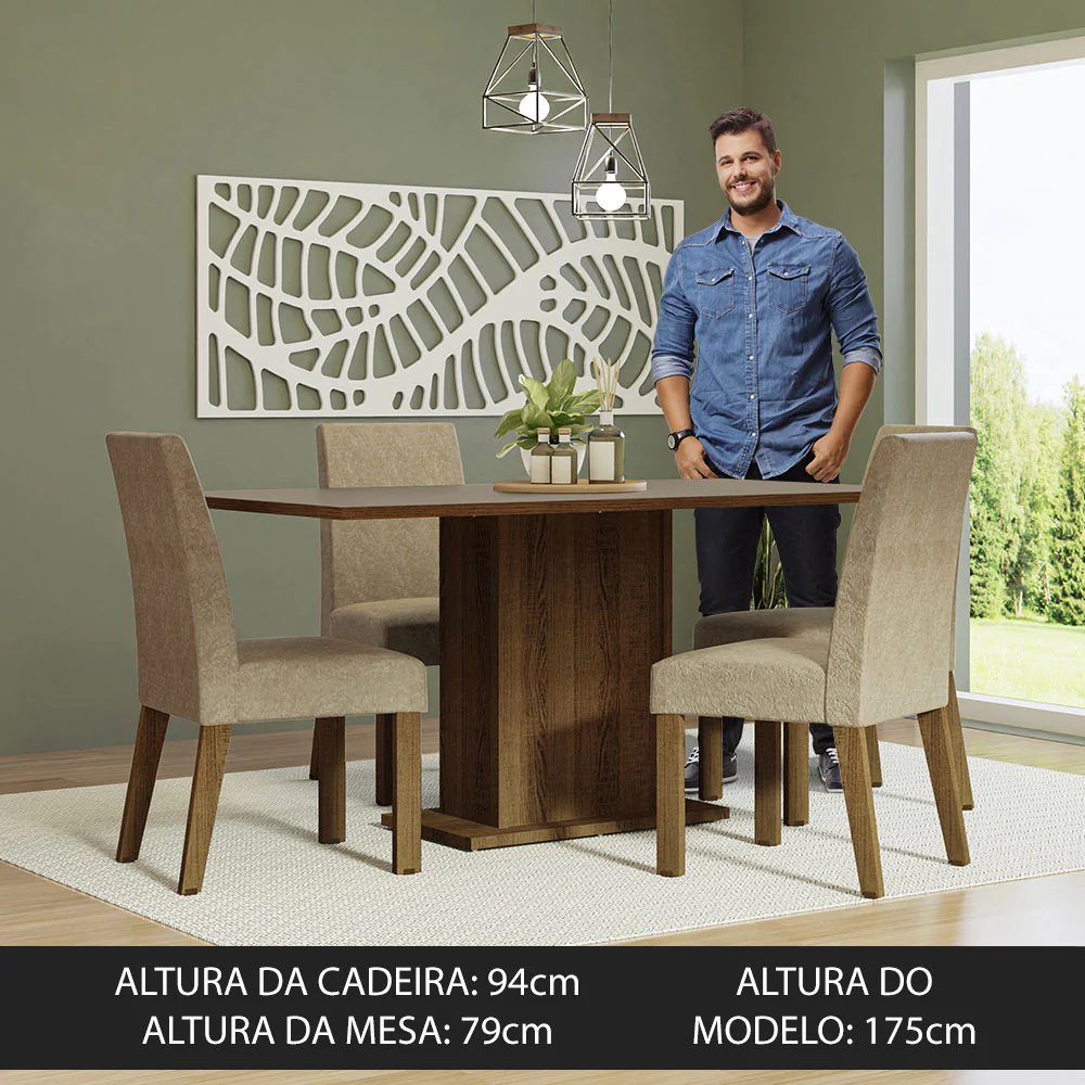 Conjunto Sala de Jantar Mesa Tampo de Madeira 4 Cadeiras Rustic/Crema/Imperial Keila Madesa - Image 4