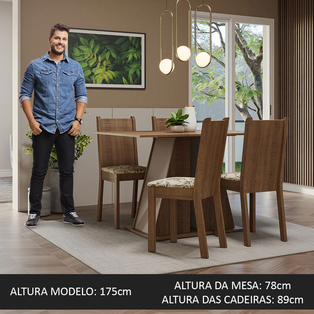 Conjunto Sala de Jantar Mesa Tampo de Madeira 4 Cadeiras Rustic/Crema/Lírio Bege Marilyn Madesa - Image 4