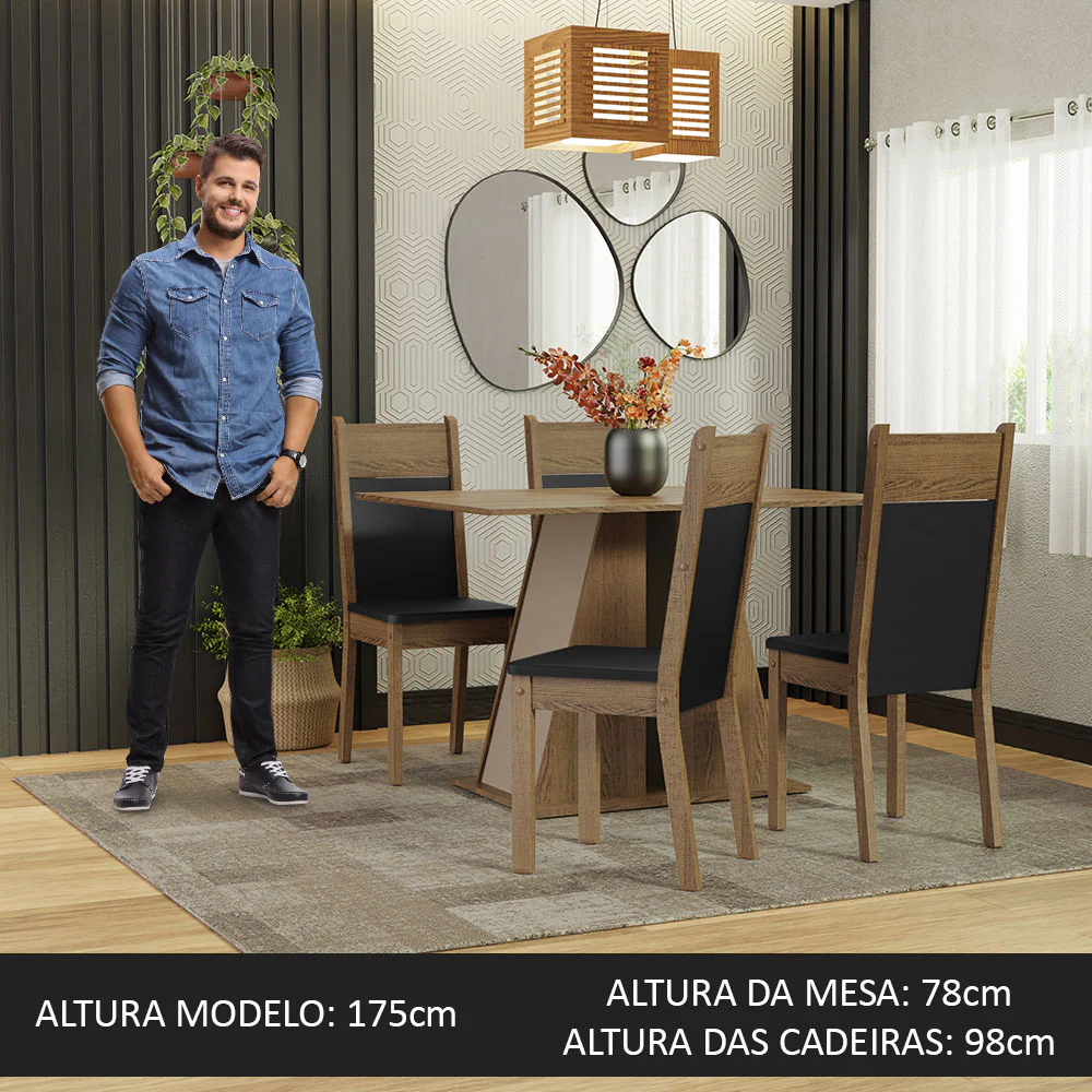 Conjunto Sala de Jantar Mesa Tampo de Madeira 4 Cadeiras Rustic/Crema/Preto Angel Madesa - Image 4
